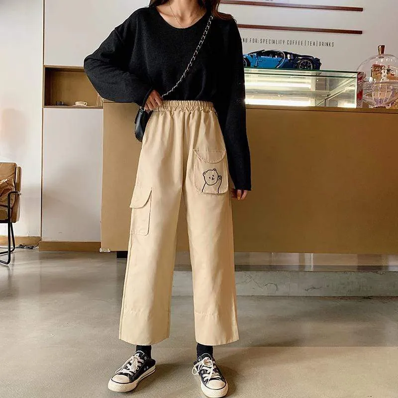 Bear Embroidered Straight-leg Pants