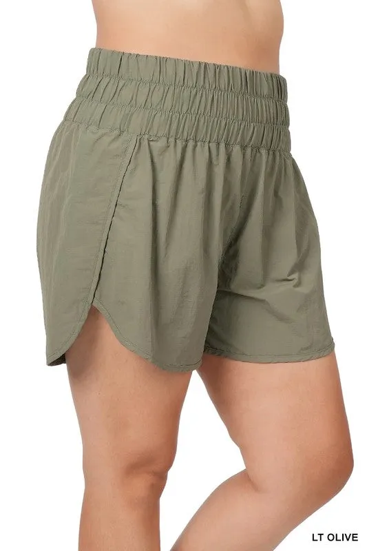 Zenana Windbreaker Smocked Waistband Running Shorts (1X, 2X, 3X)
