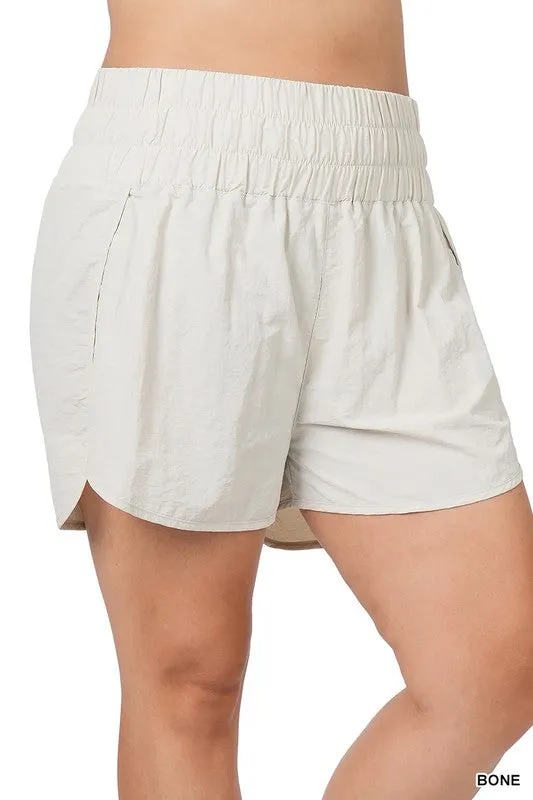 Zenana Windbreaker Smocked Waistband Running Shorts (1X, 2X, 3X)