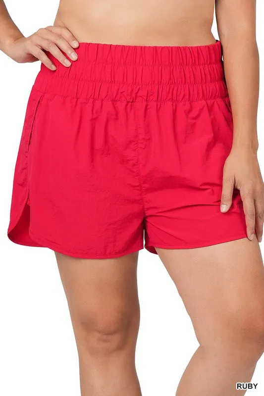 Zenana Windbreaker Smocked Waistband Running Shorts (1X, 2X, 3X)