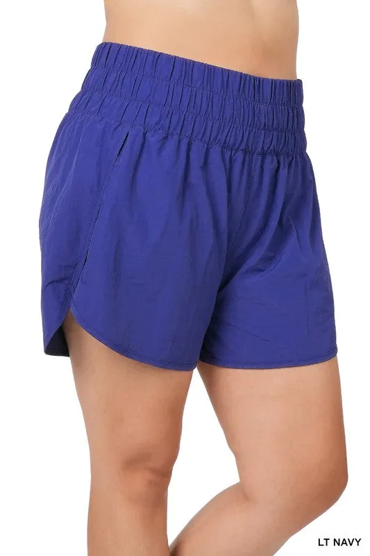Zenana Windbreaker Smocked Waistband Running Shorts (1X, 2X, 3X)